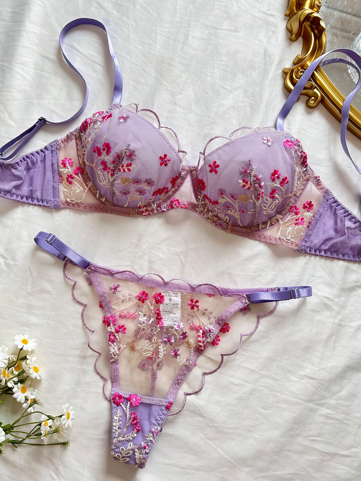 Girl Floral Embroidered Mesh Gather Thin Underwear