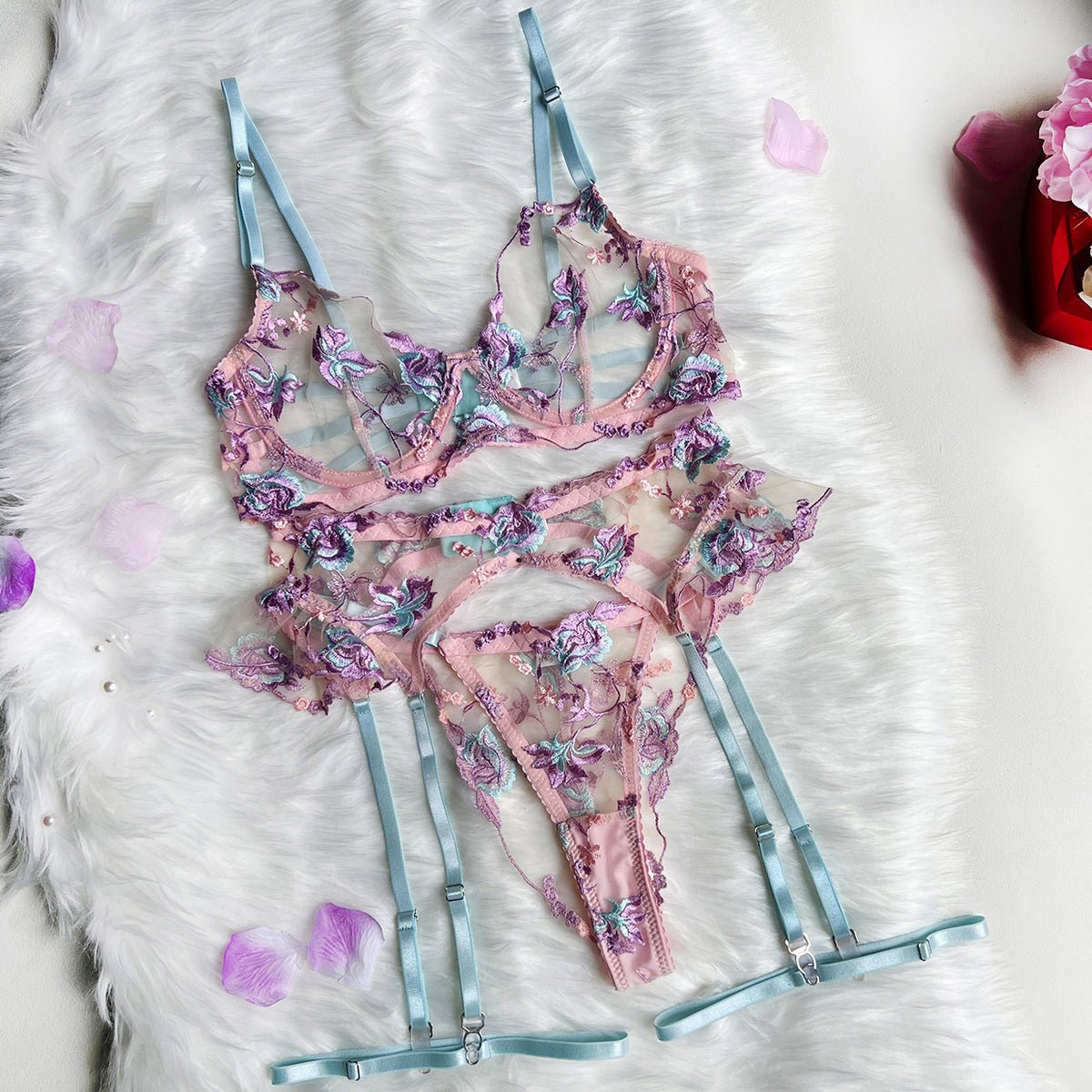 Machine Embroidery Stitching Lace-up Embroidered Bra Set Women