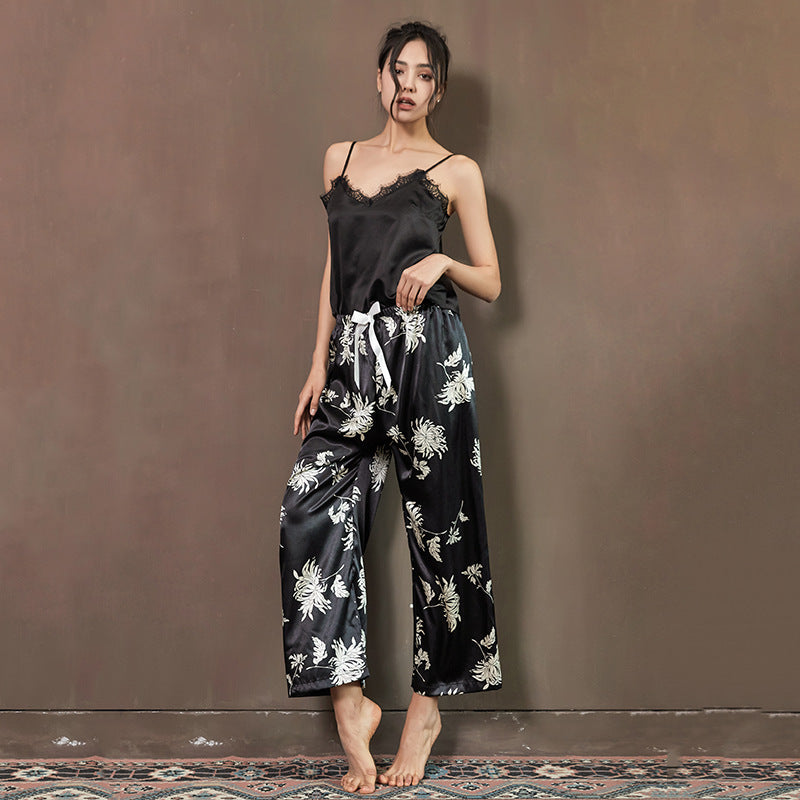 Two-piece Fashion Printed Pajama Suspenders, Imitation Silk Wide-leg Pants, Comfortable Casual Home Pants Cover