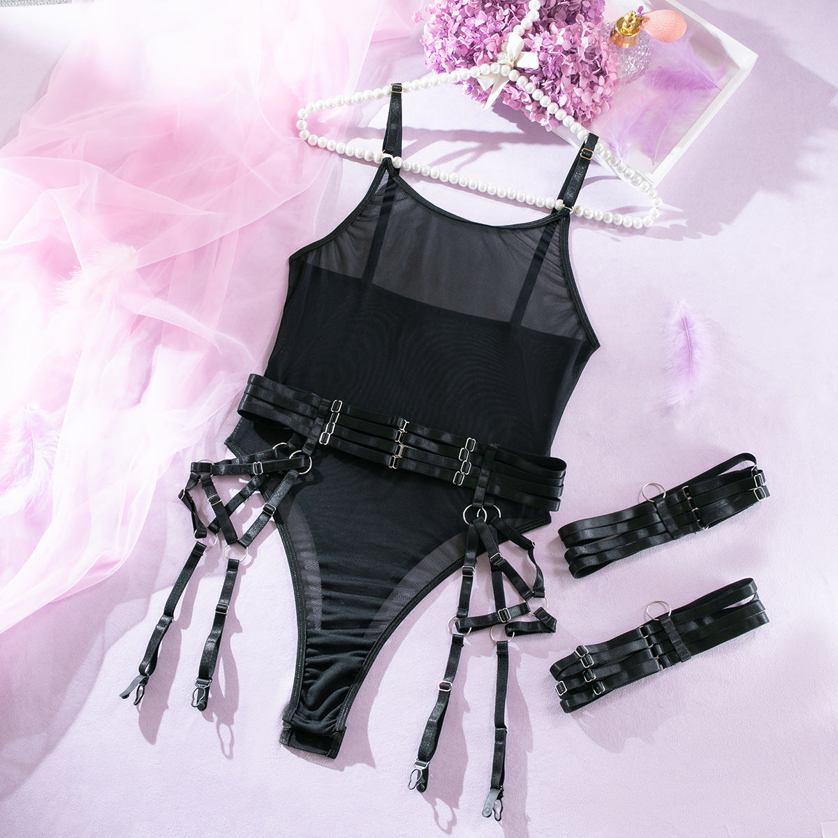 Hot Sale Mesh See-through Lace-up Stitching Three-piece Set