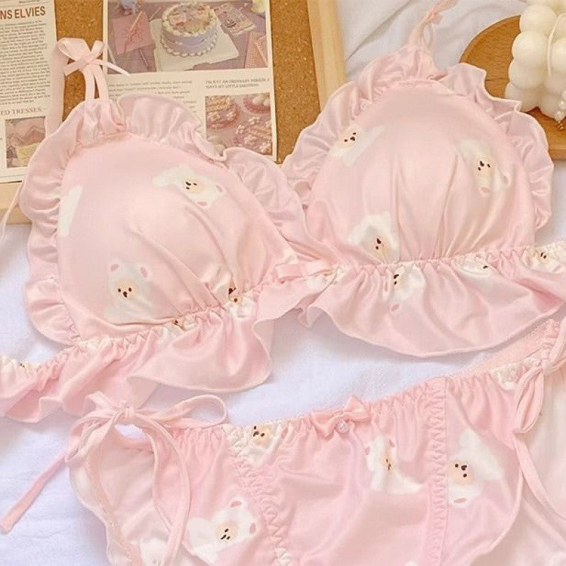 Cute Printed Underwear Without Steel Ring Not Empty Cup Slimming Bra Set