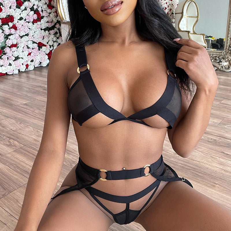 Women's Mesh Pure Color See-through Strapless Sexy Underwear Three-piece Suit