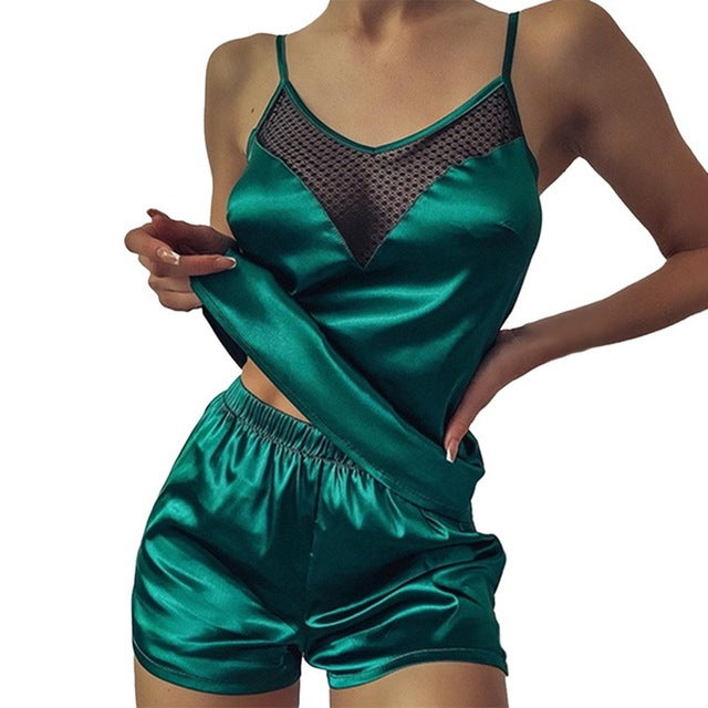 Satin Pajamas Lace Pijama Nightie Sleepwear Home Clothes Tops And Shorts Women's Silk Pajamas Solid Color Pajama Set