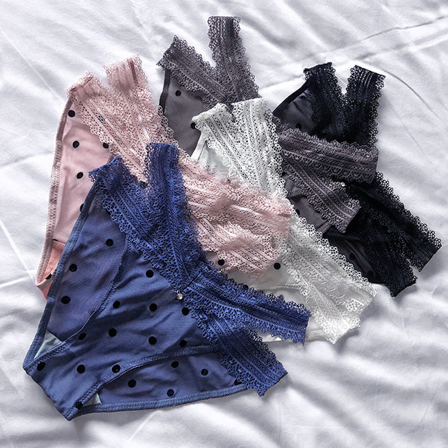 Sexy V-shaped Panties Cross Lace Low Waist Transparent Large Size Wave Dots
