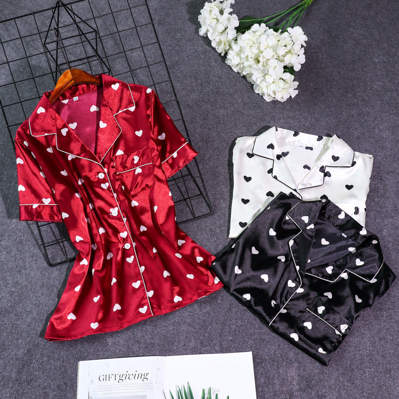 Love Simple Lapel Short Sleeve Shorts Casual Popular Pajamas