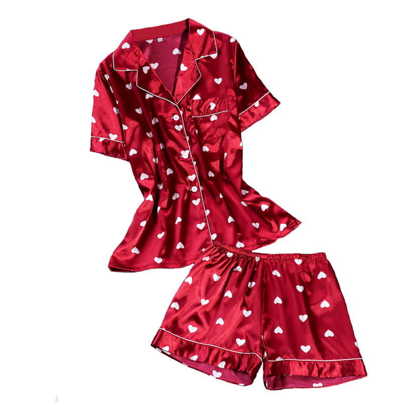 Love Simple Lapel Short Sleeve Shorts Casual Popular Pajamas