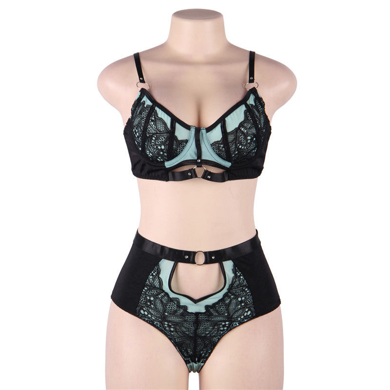 Plus Size Three Point High Waist See-through Underwear Set