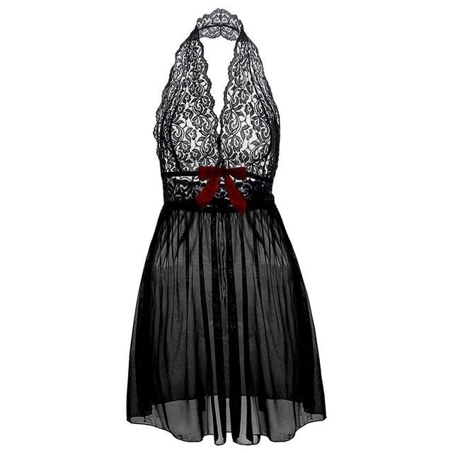 Sexy Lace Deep V Hanging Neck Nightdress See-Through Dress