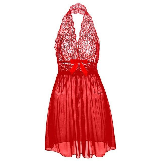 Sexy Lace Deep V Hanging Neck Nightdress See-Through Dress