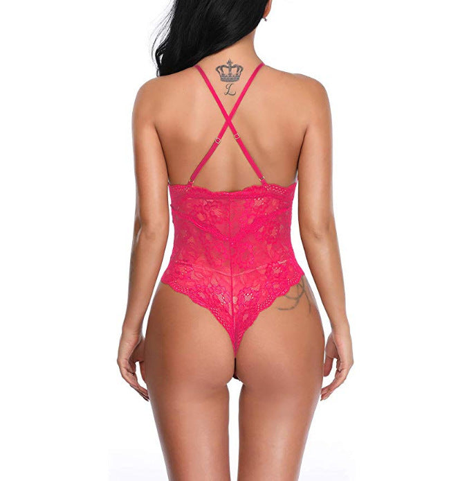 Fashion Sexy Lace Cross Sling Hollow Bodysuit