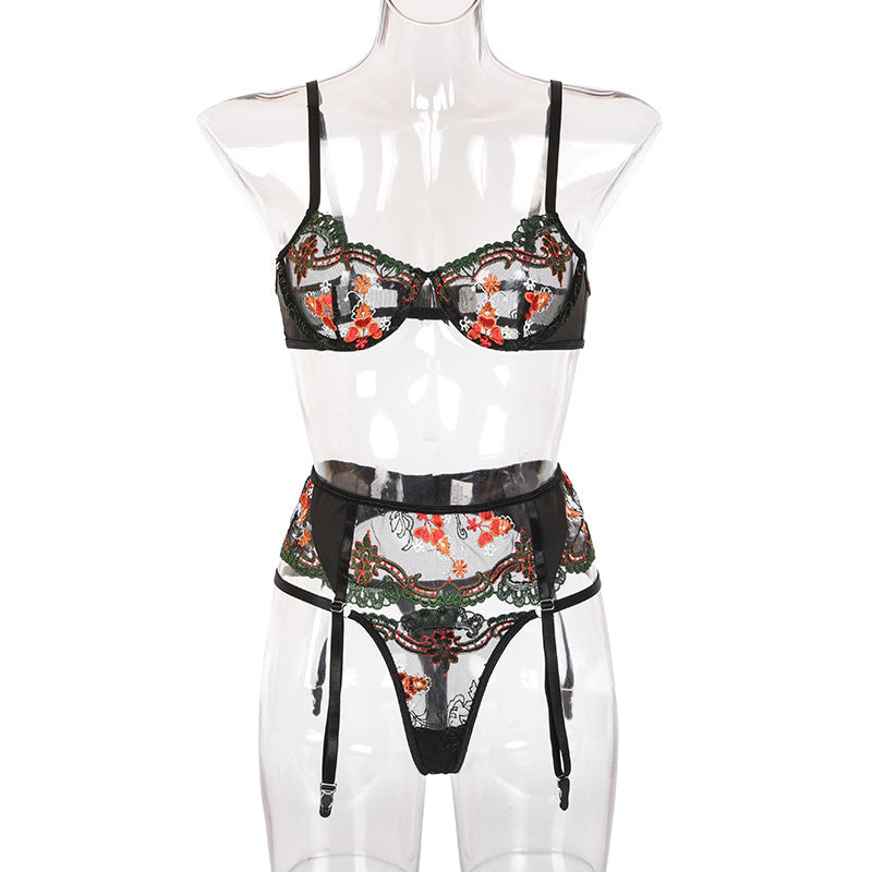 Amazon Women's Foreign Trade Cross-Border Embroidery Complex Heavy Craft Lace Mesh Underwear Gathered Three-Piece Suit