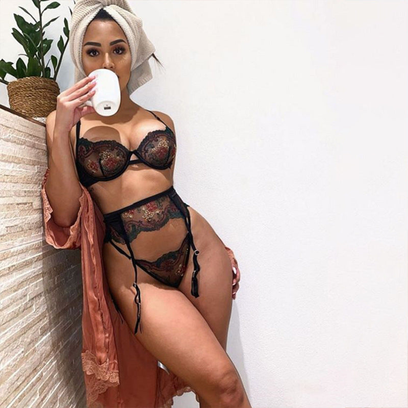 Amazon Women's Foreign Trade Cross-Border Embroidery Complex Heavy Craft Lace Mesh Underwear Gathered Three-Piece Suit