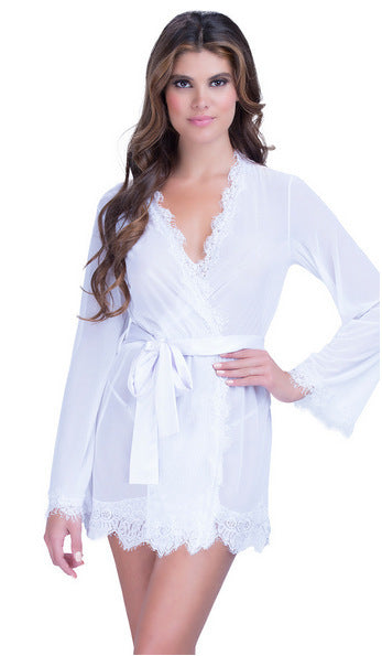 Sexy Underwear Bathrobe, Eyelash Lace Kimono Pajamas, European And American Bandage Nightdress Set