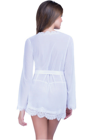 Sexy Underwear Bathrobe, Eyelash Lace Kimono Pajamas, European And American Bandage Nightdress Set