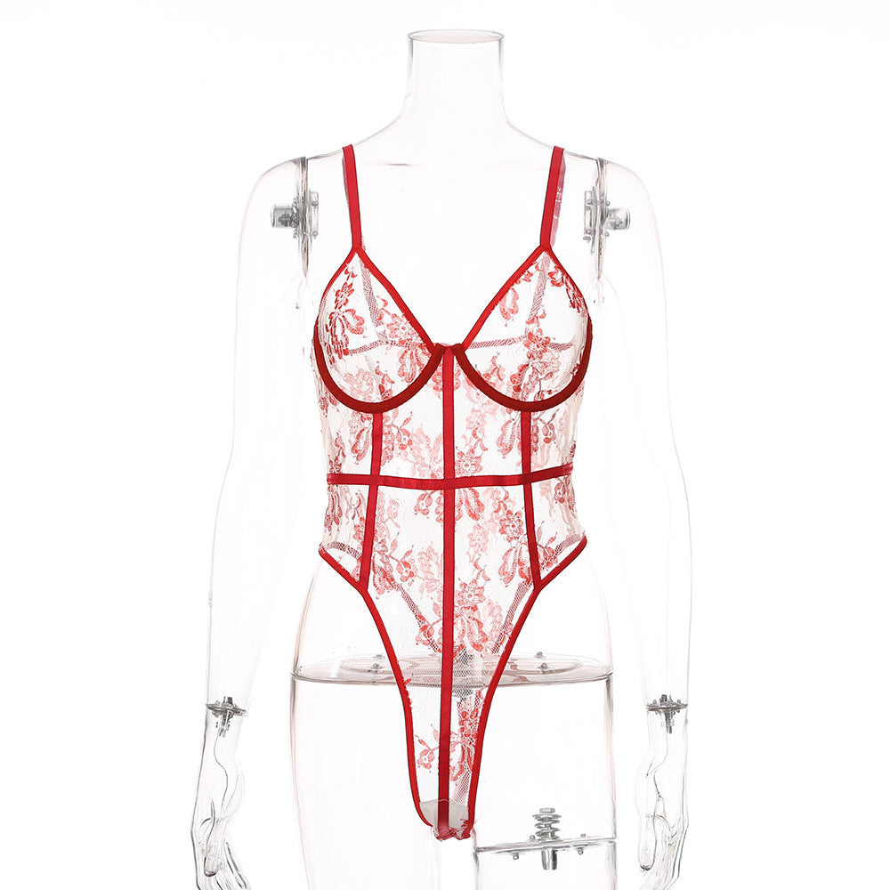 European And American Women's Sexy Lace Mesh Stitching Embroidery Flowers Sexy Body Shaping Bodysuit