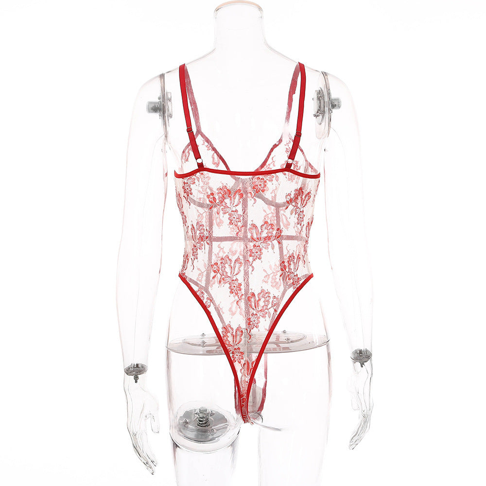 European And American Women's Sexy Lace Mesh Stitching Embroidery Flowers Sexy Body Shaping Bodysuit