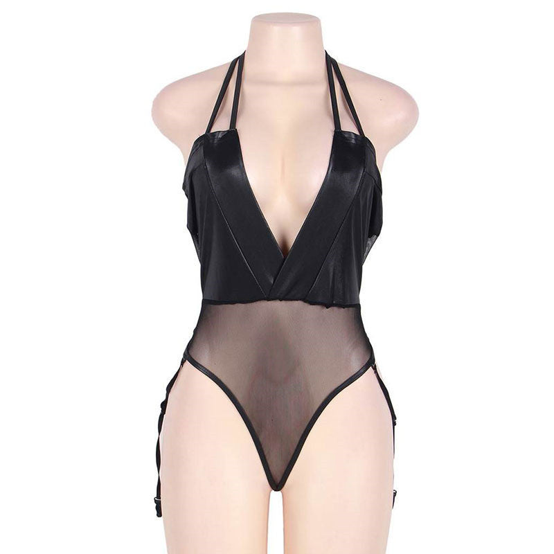 Sexy Faux Leather Garter Belt V-neck Halter Sexy Lingerie