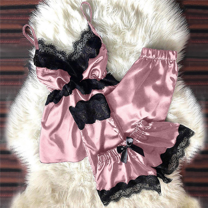 V Neck Eyelash Lace Bowknot Pajamas Three-piece Set