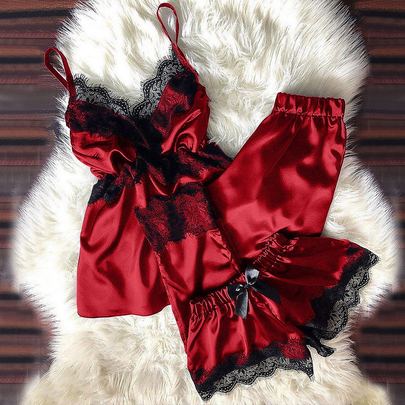 V Neck Eyelash Lace Bowknot Pajamas Three-piece Set