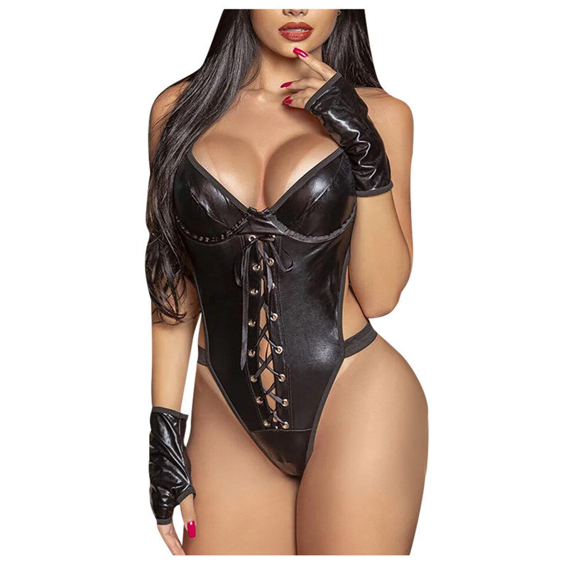 Sexy Women's Black Three-point Patent Leather Hollow Sexy Suit