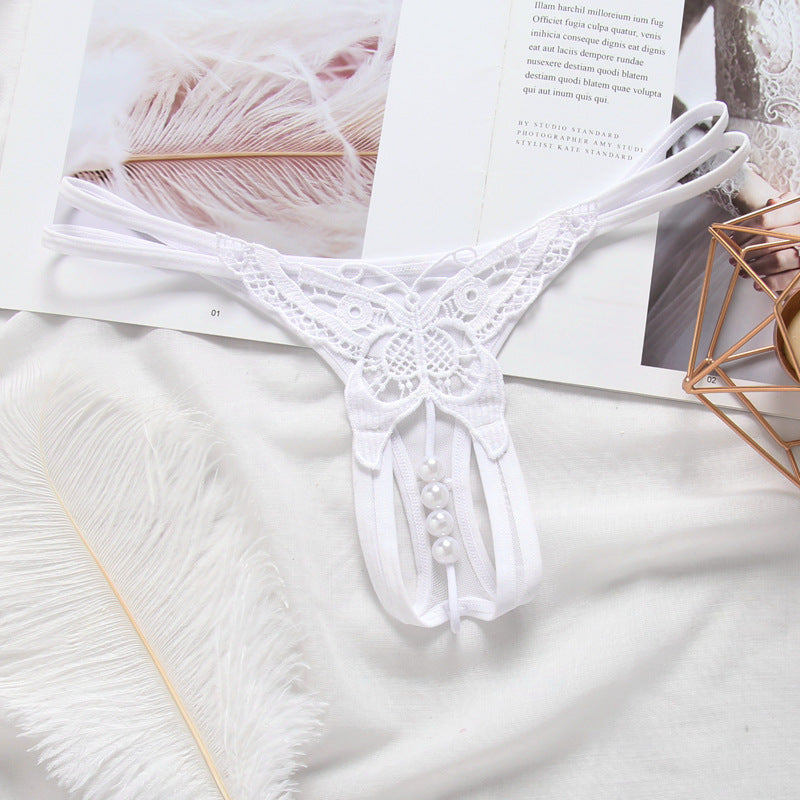 Embroidery Hollow Temptation Pearl Massage Thong