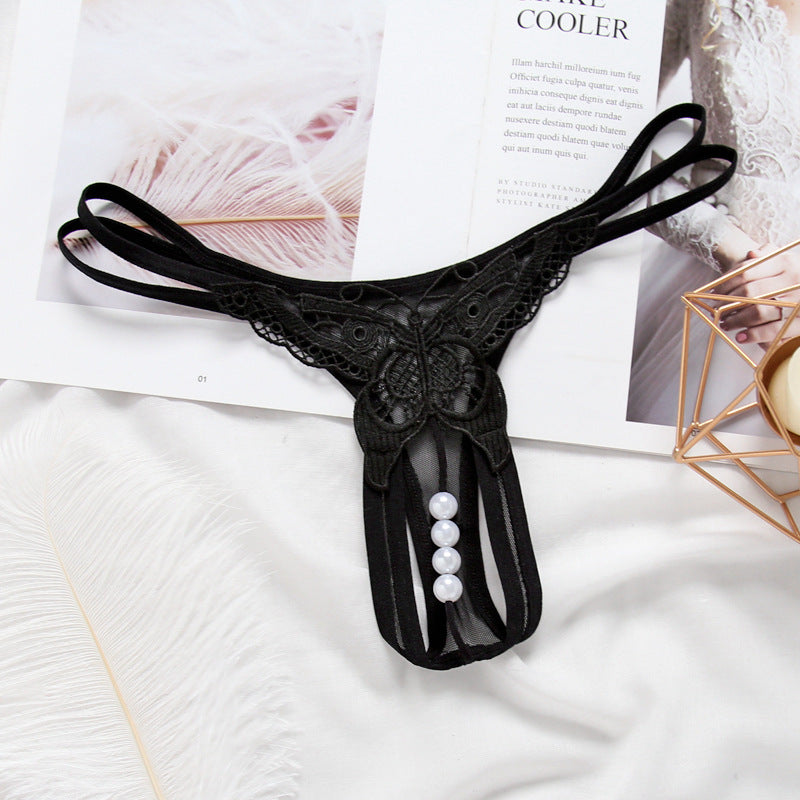 Embroidery Hollow Temptation Pearl Massage Thong