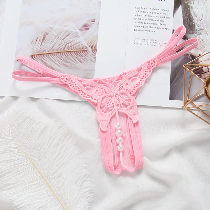 Embroidery Hollow Temptation Pearl Massage Thong
