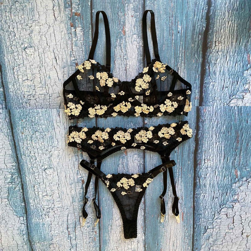 Sexy Lingerie Ladies Three-piece Embroidered Steel Ring