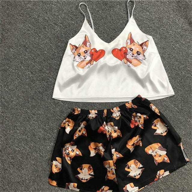 New Sexy Pijamas Women Pajama Set Silk Home Suit Animal Prin
