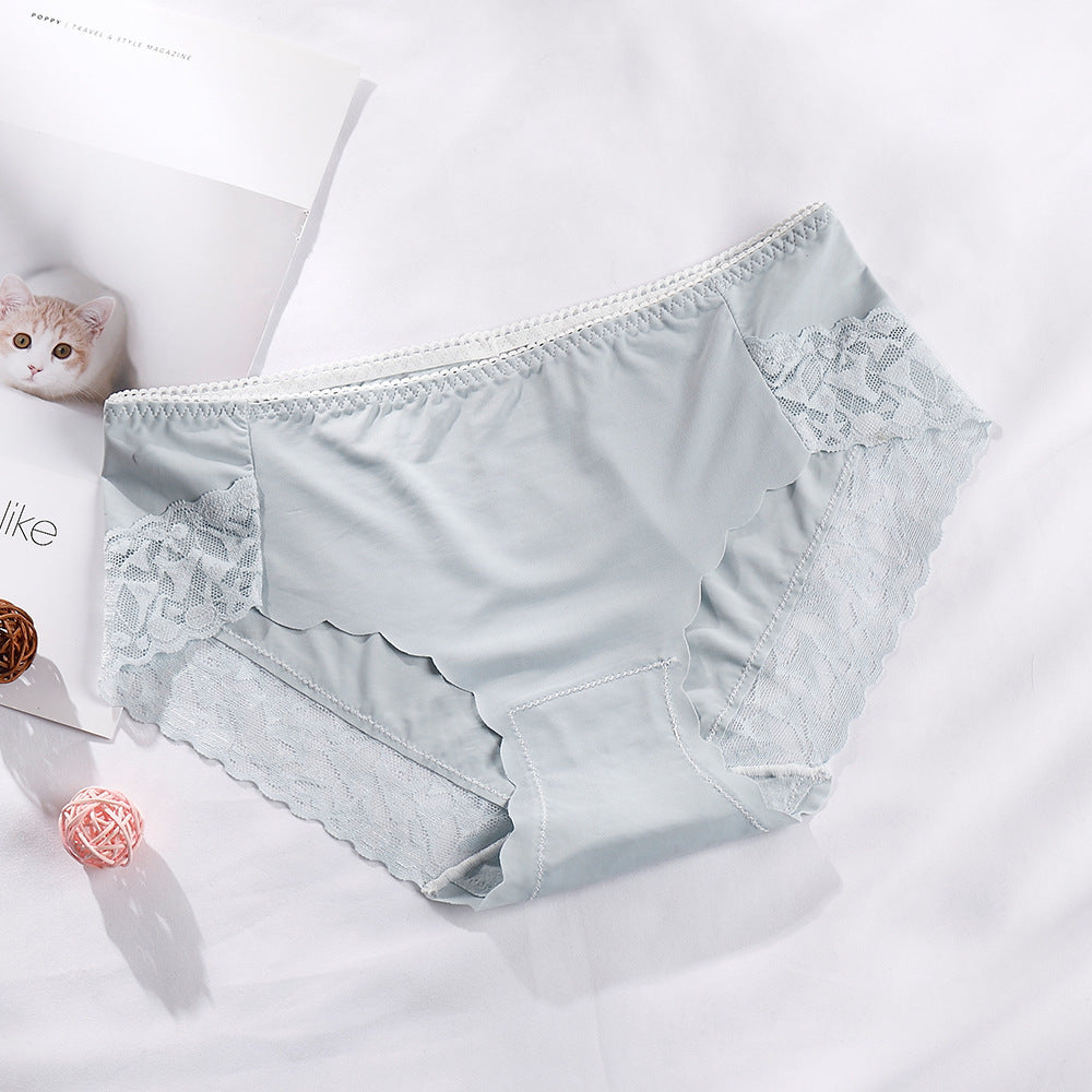 The New Ladies Ice Silk Non-sense Underwear Lace Thin Section Breathable Cotton Bottom Crotch Mid-waist Briefs