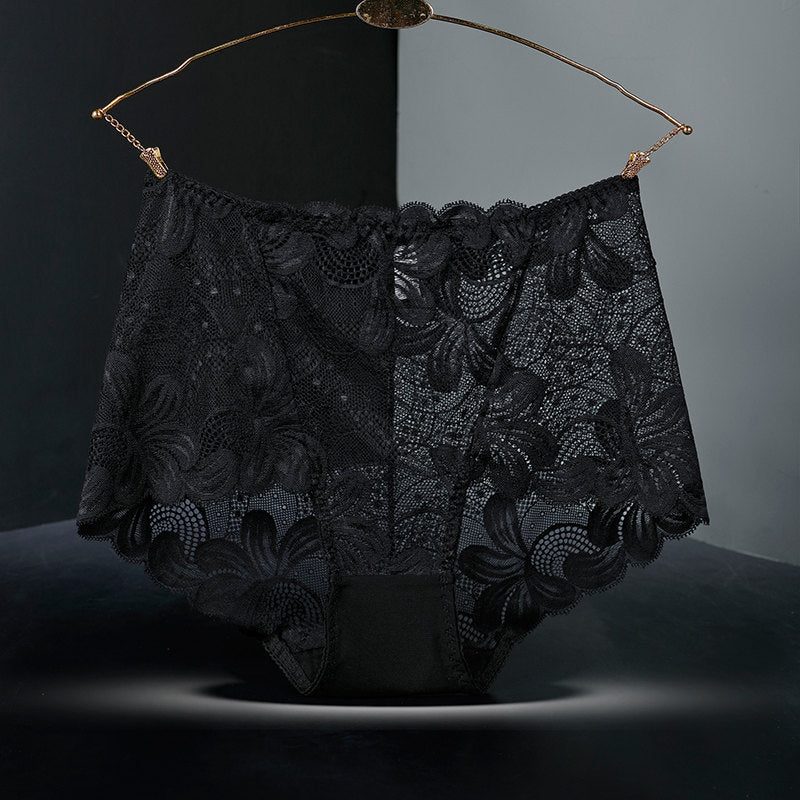 Women's Lace Underwear High Waist Fattening Plus Size Hollow Out See Through Purified Cotton Briefs