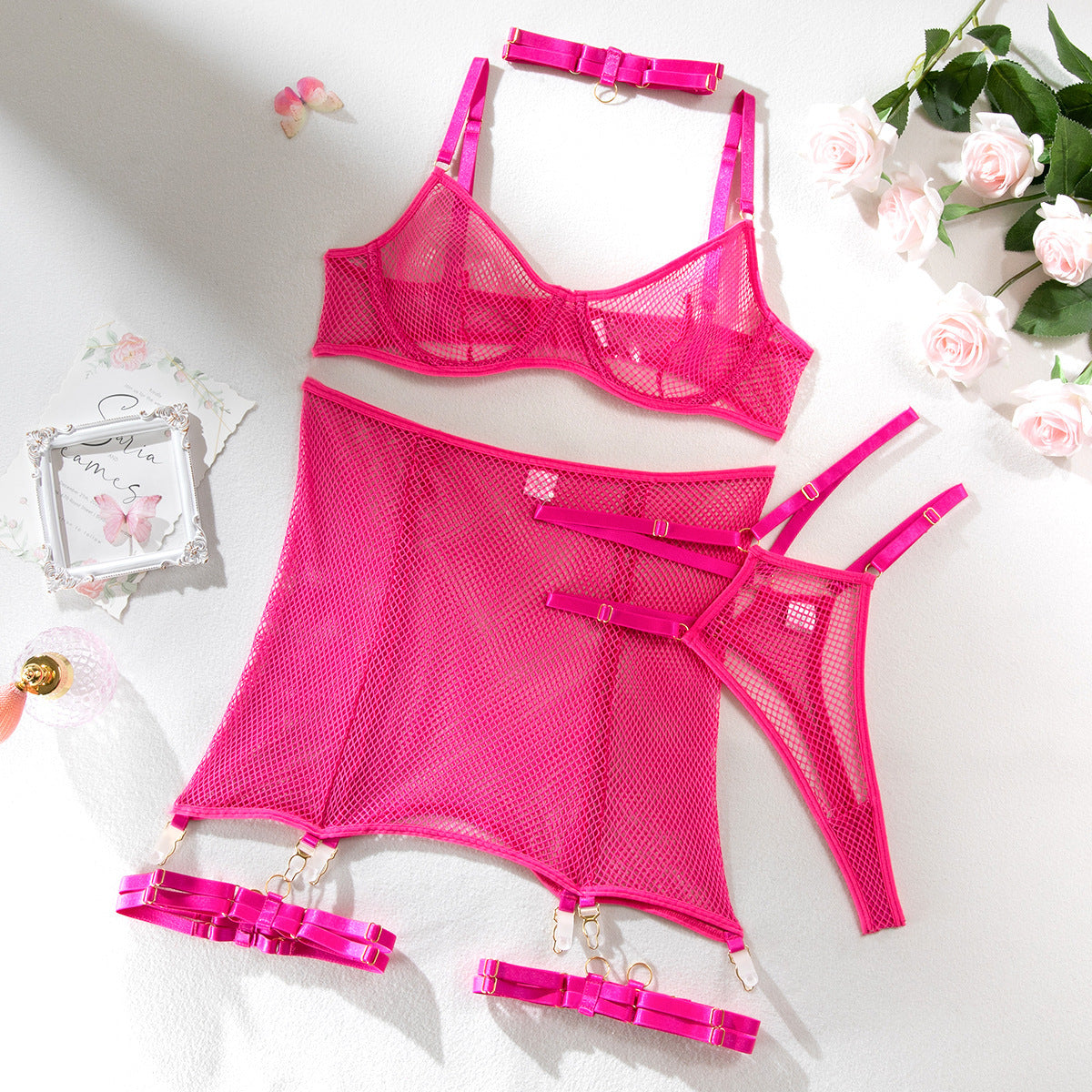 See-through Mesh Push Up Four-piece Set