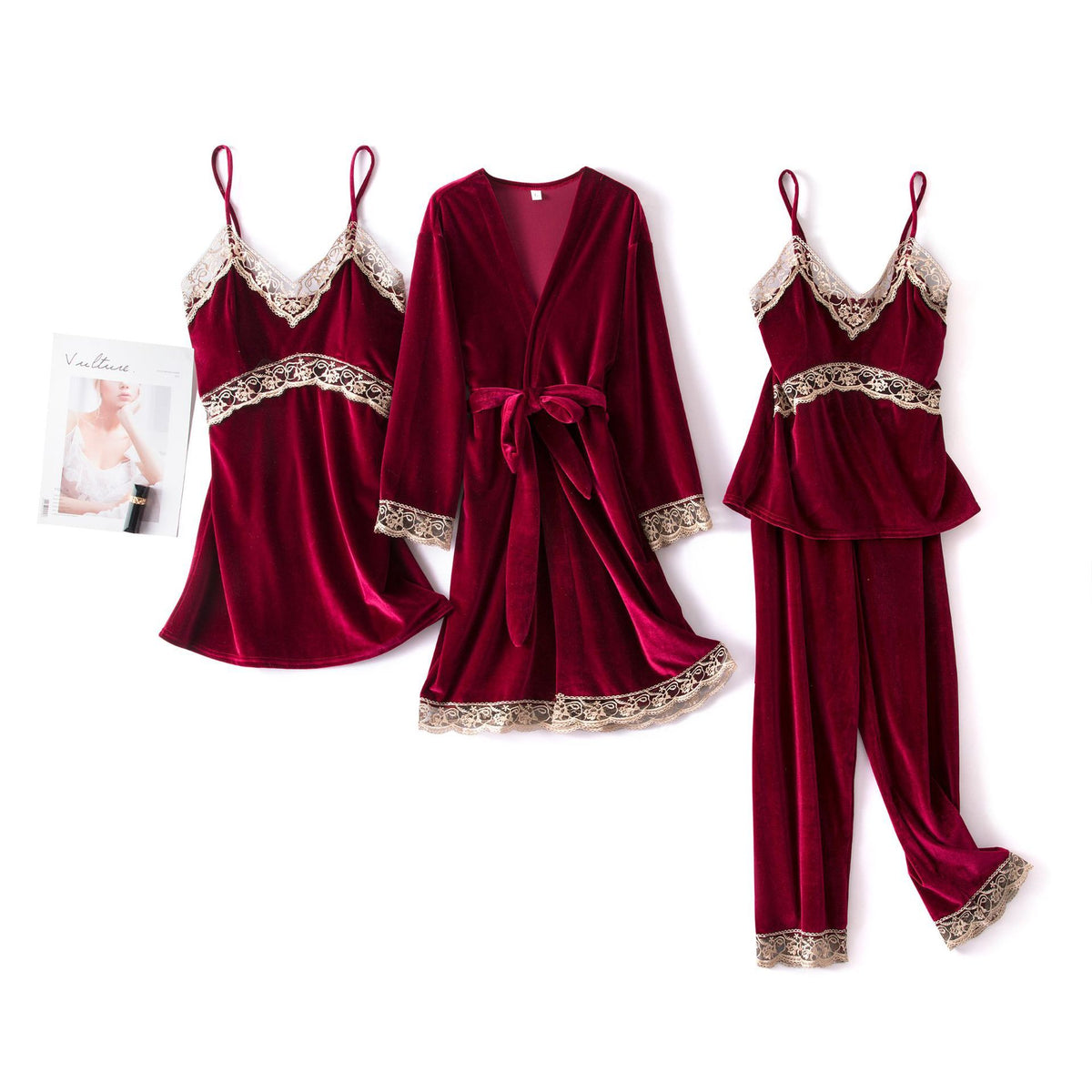 Sexy sling velvet 4-piece long-sleeved nightgown with chest pad home service women