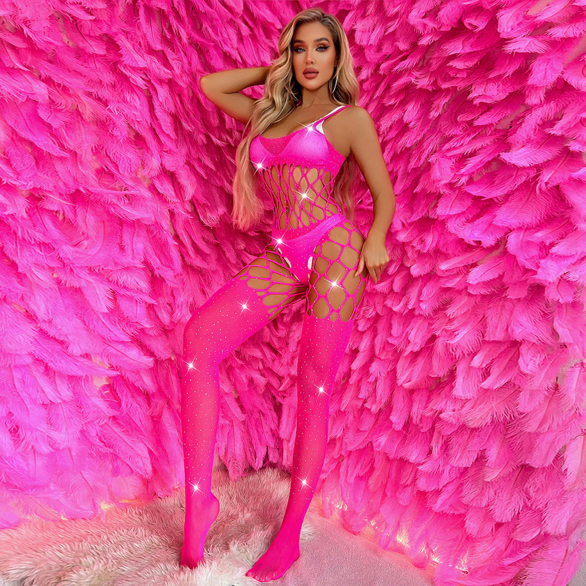 New Sexy Hollow Hook Mesh Hot Rhinestone One-piece Sexy Lingerie
