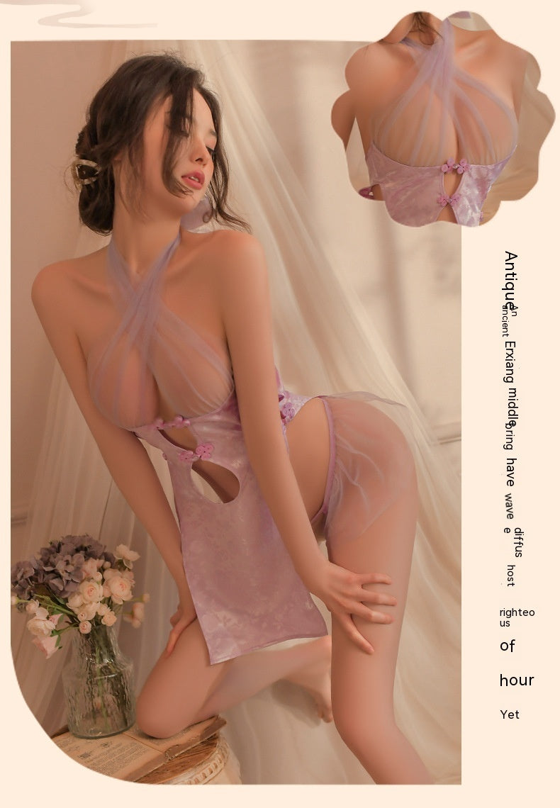 Sexy Lingerie Ancient Style Cross-halterneck Sheer Mesh Cheongsam Uniform Suit