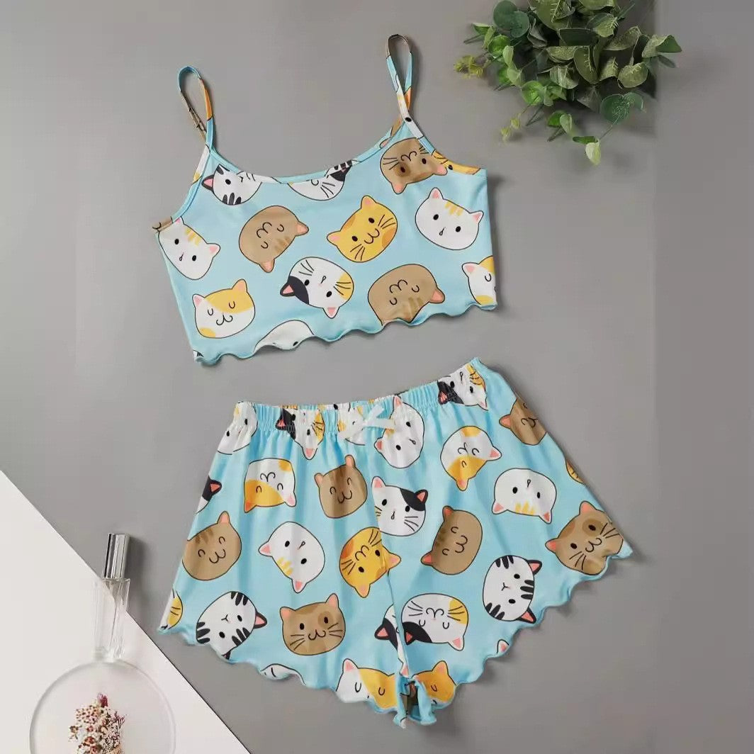 Women's Cartoon Printed Vest Top Shorts Pajamas