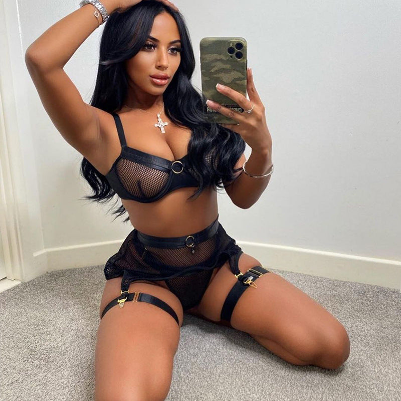 Lace Mesh Cross Strap Garter Belt Three-piece Split Suit