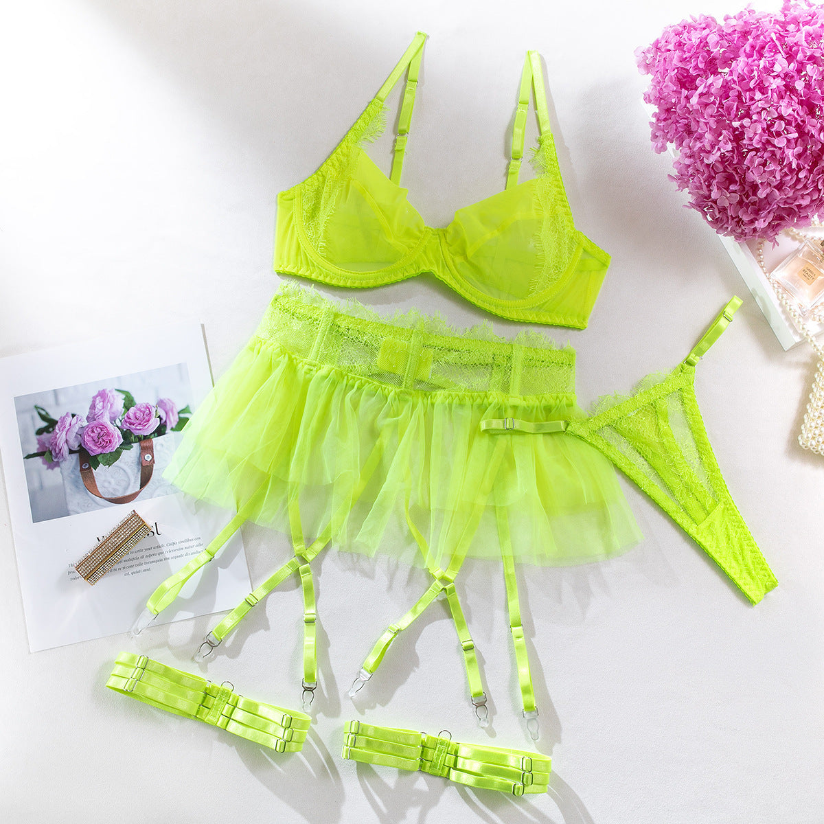 Women's See-through Push Up Mesh Lace Stitching Four-piece Set