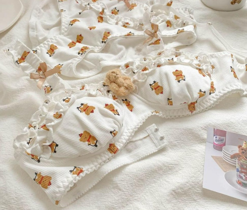 Cartoon Cute Underwear Panties Set Women's Chest-flattering Small Wireless Pure Desire Charming Bra