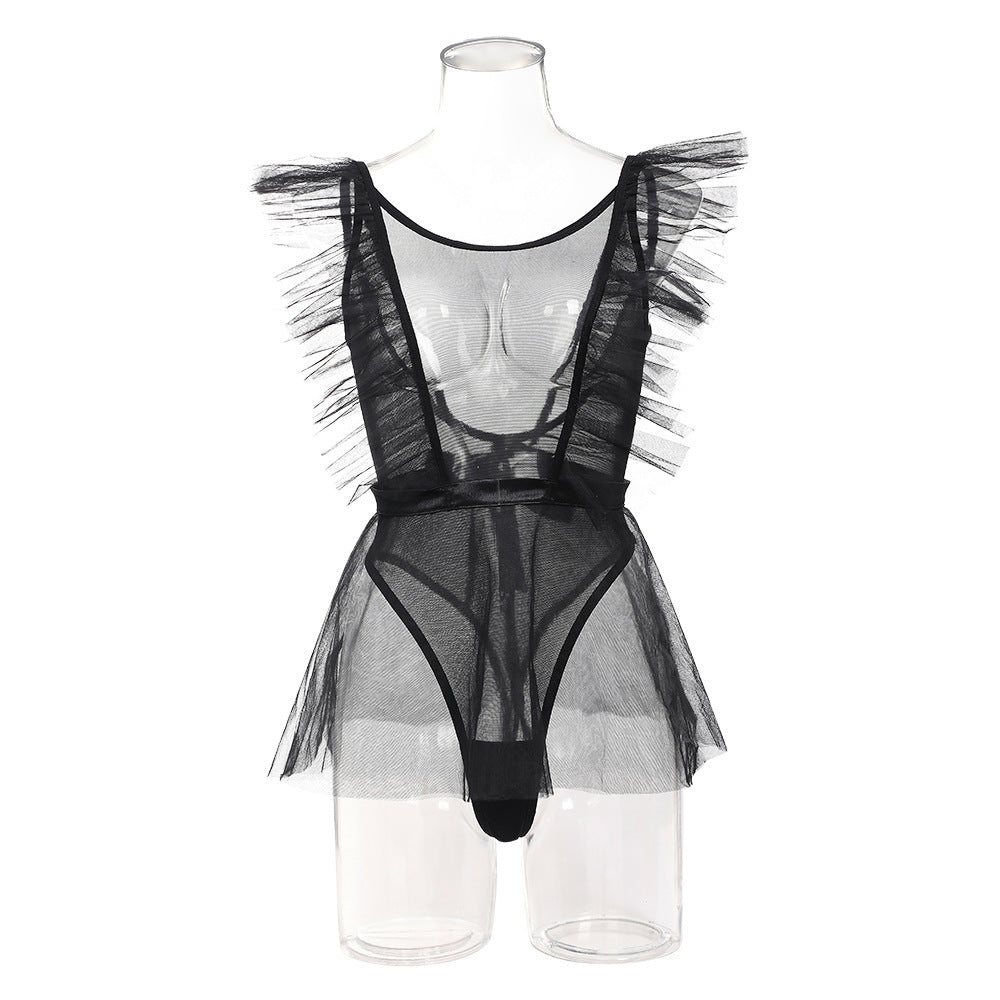 Mesh Jumpsuit Tutu Skirt Gloves Three-piece Set For Women