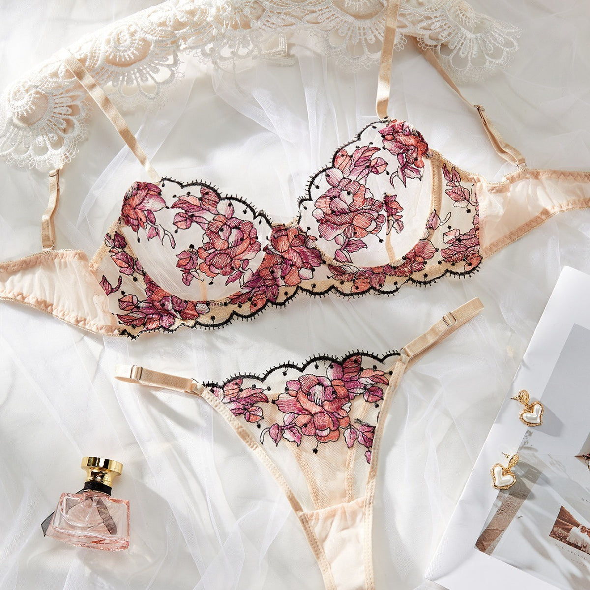 Women's Mesh Multi-color Embroidery Transparent Underwear Suit