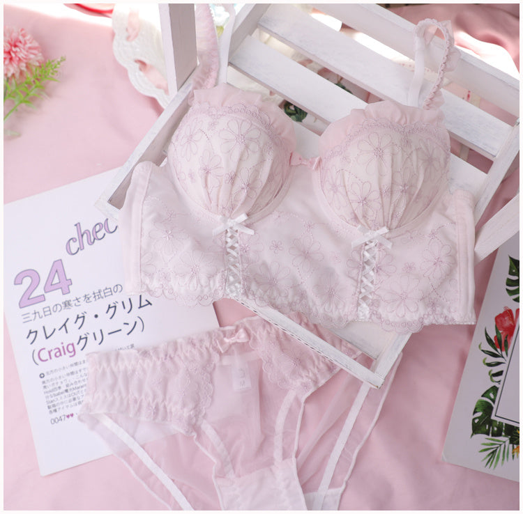 Sweet Ribbon Embroidered Women's Underwear Bra Set