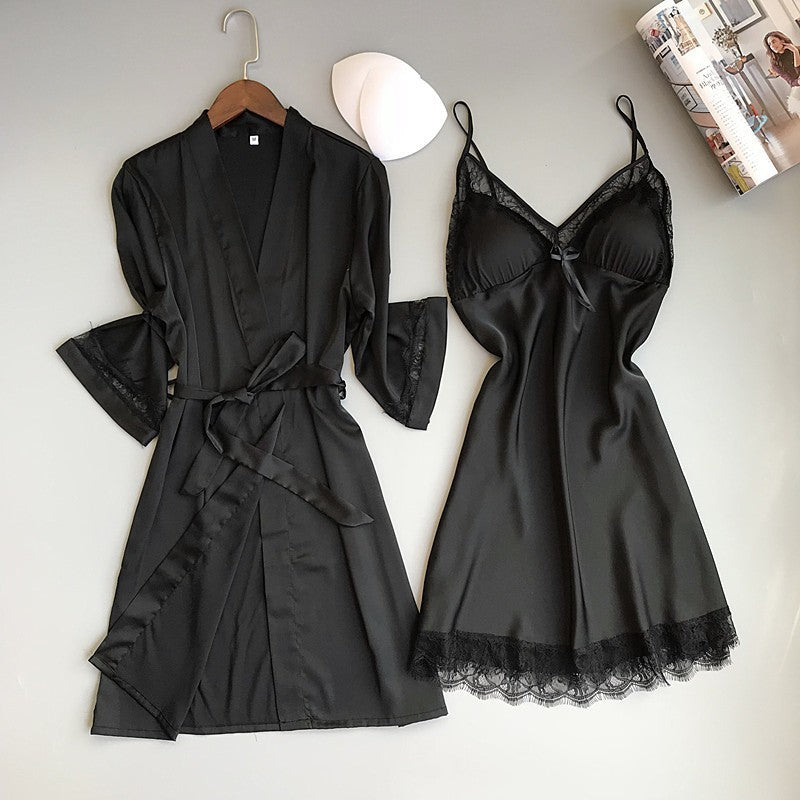 Female Summer Sexy Suspender Skirt Ice Silk Comfortable Bathrobe Lace Home Service