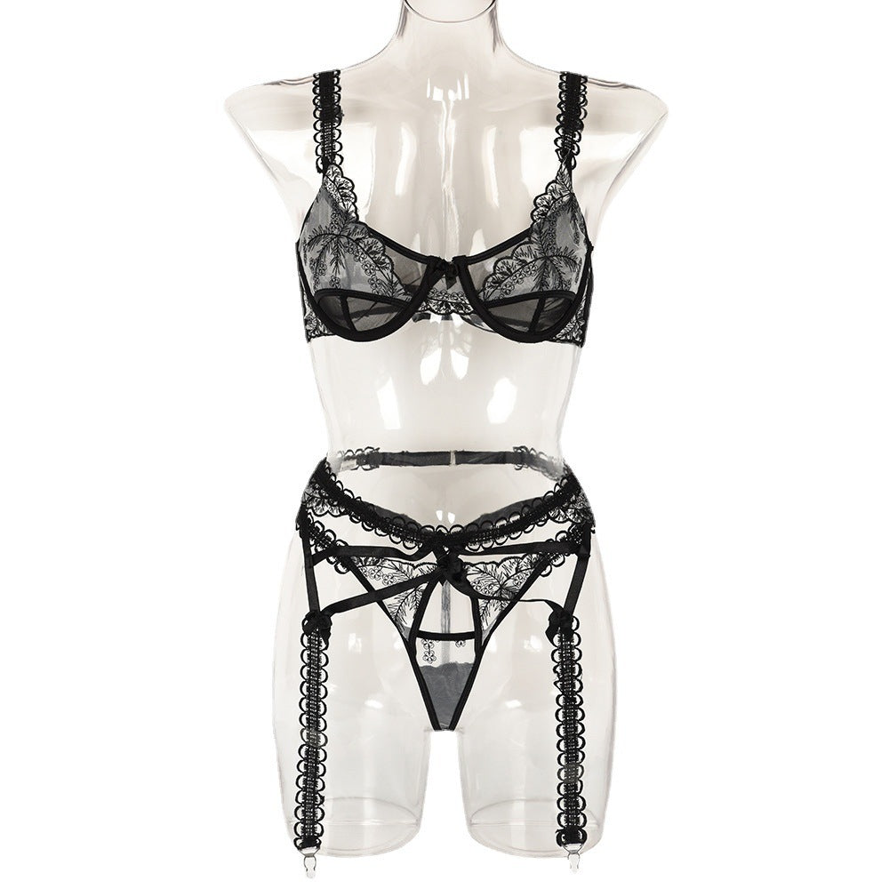 Women's Embroidered Mesh Splicing Lace Shoulder Straps Girdle Underwear Three Piece Set