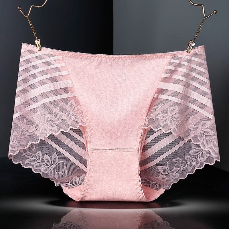 Women's Transparent Lace Sexy Lace Underwear Cotton Mid-waist Plump Girls Elastic Briefs