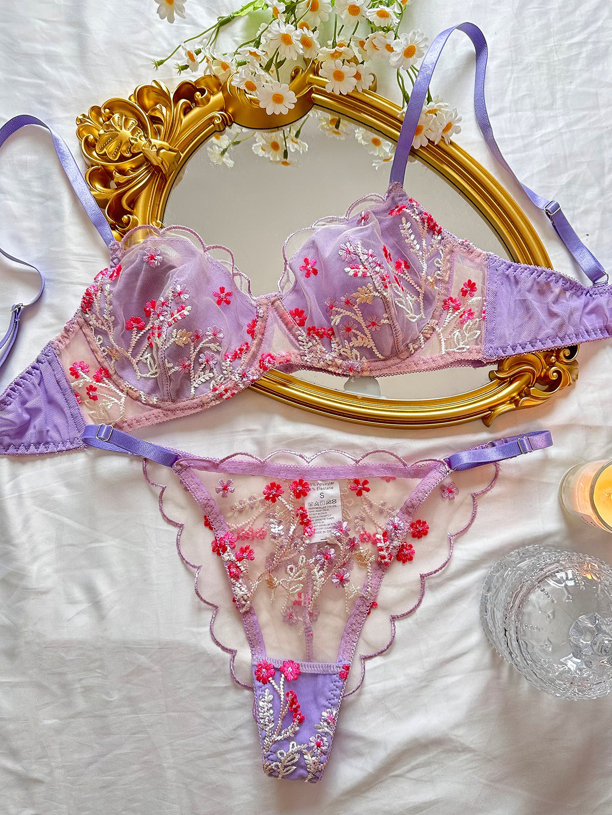 Girl Floral Embroidered Mesh Gather Thin Underwear