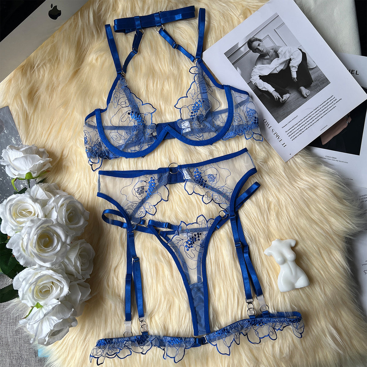 Sexy Seduction Mesh Machine Embroidery Bra Set