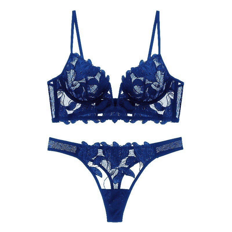 European And American Underwear Gathered Deep V Three-dimensional Embroidery Mesh