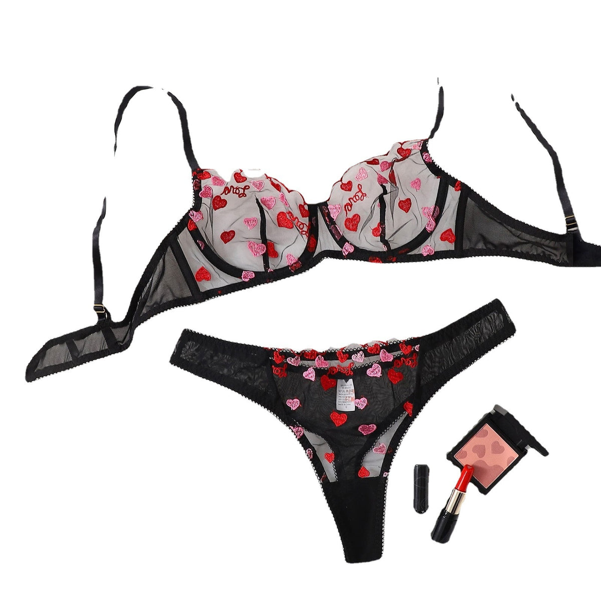 Ladies' Mesh See-through Love Three-point Sexy Suit