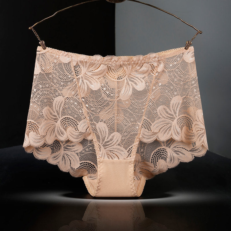 Women's Lace Underwear High Waist Fattening Plus Size Hollow Out See Through Purified Cotton Briefs